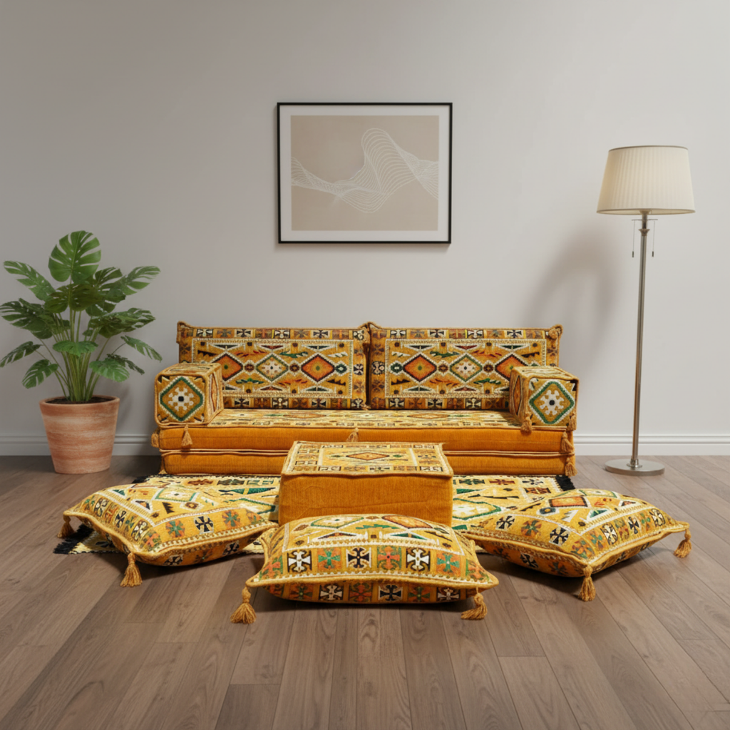 Arabic Loveseat Sofa Set – Yellow Loveseat Set with 4 and 8 Inch Cushion Options