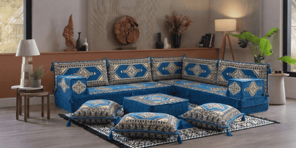 Arabic Floor Sofa Set – Blue L Shaped Majlis Sectional with 8 Inch Cushions