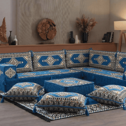 Arabic Floor Sofa Set – Blue L Shaped Majlis Sectional with 8 Inch Cushions