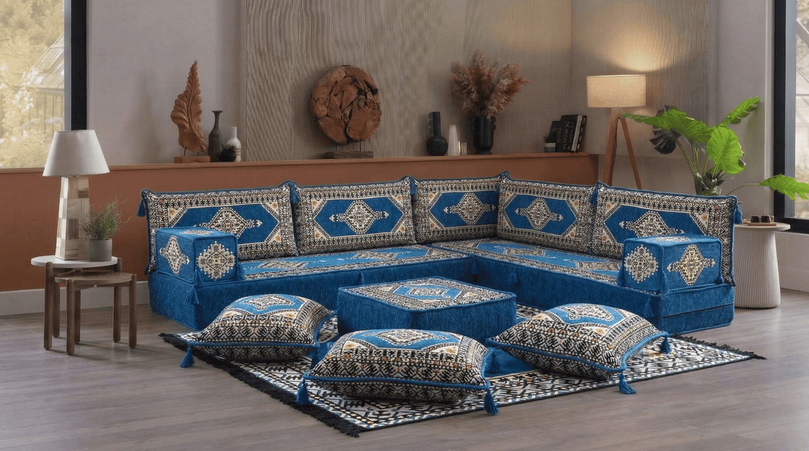 Arabic Floor Sofa Set – Blue L Shaped Majlis Sectional with 8 Inch Cushions