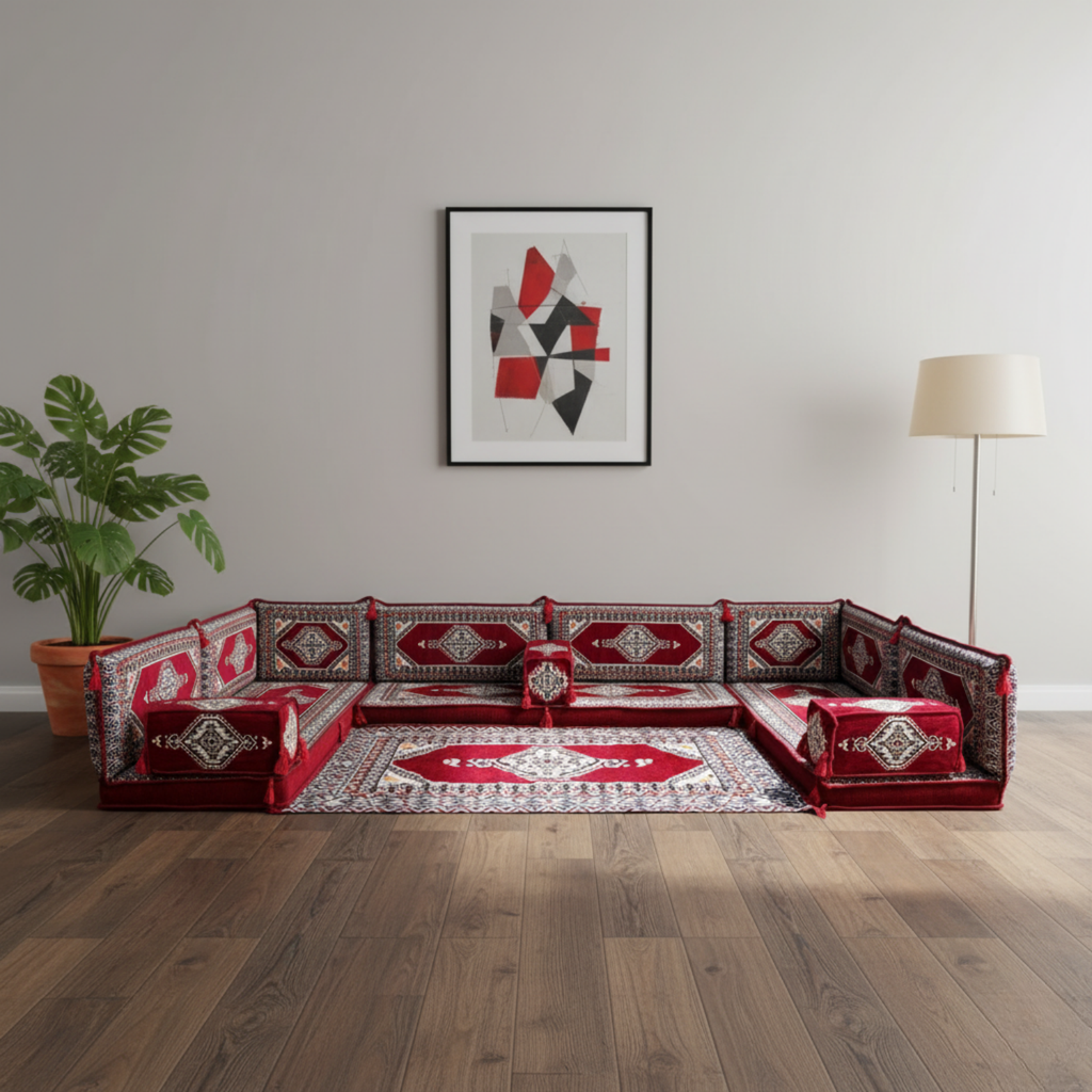 Arabic Floor Sofa Set – Maroon U Shaped Majlis Sectional with 4 Inch Cushions
