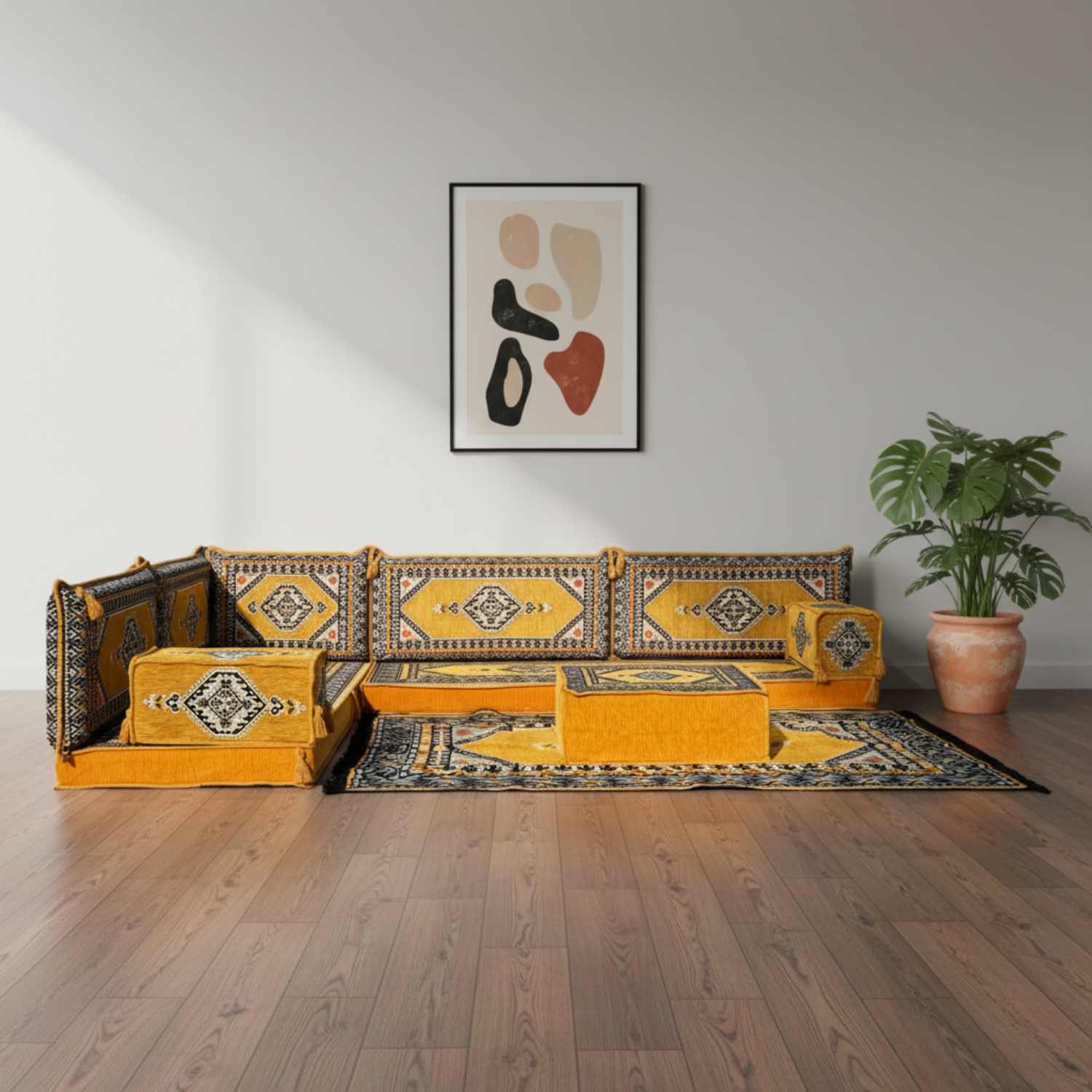 Arabic Floor Sofa Set – Yellow L Shaped Majlis Sectional with 4 Inch Cushions