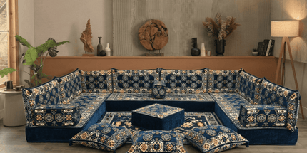 Arabic Floor Sofa Set – Navy U Shaped Majlis Sectional with 8 Inch Cushions