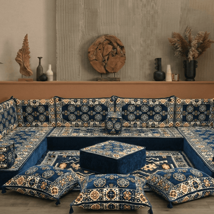 Arabic Floor Sofa Set – Navy U Shaped Majlis Sectional with 8 Inch Cushions