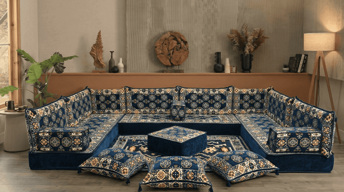 Arabic Floor Sofa Set – Navy U Shaped Majlis Sectional with 8 Inch Cushions