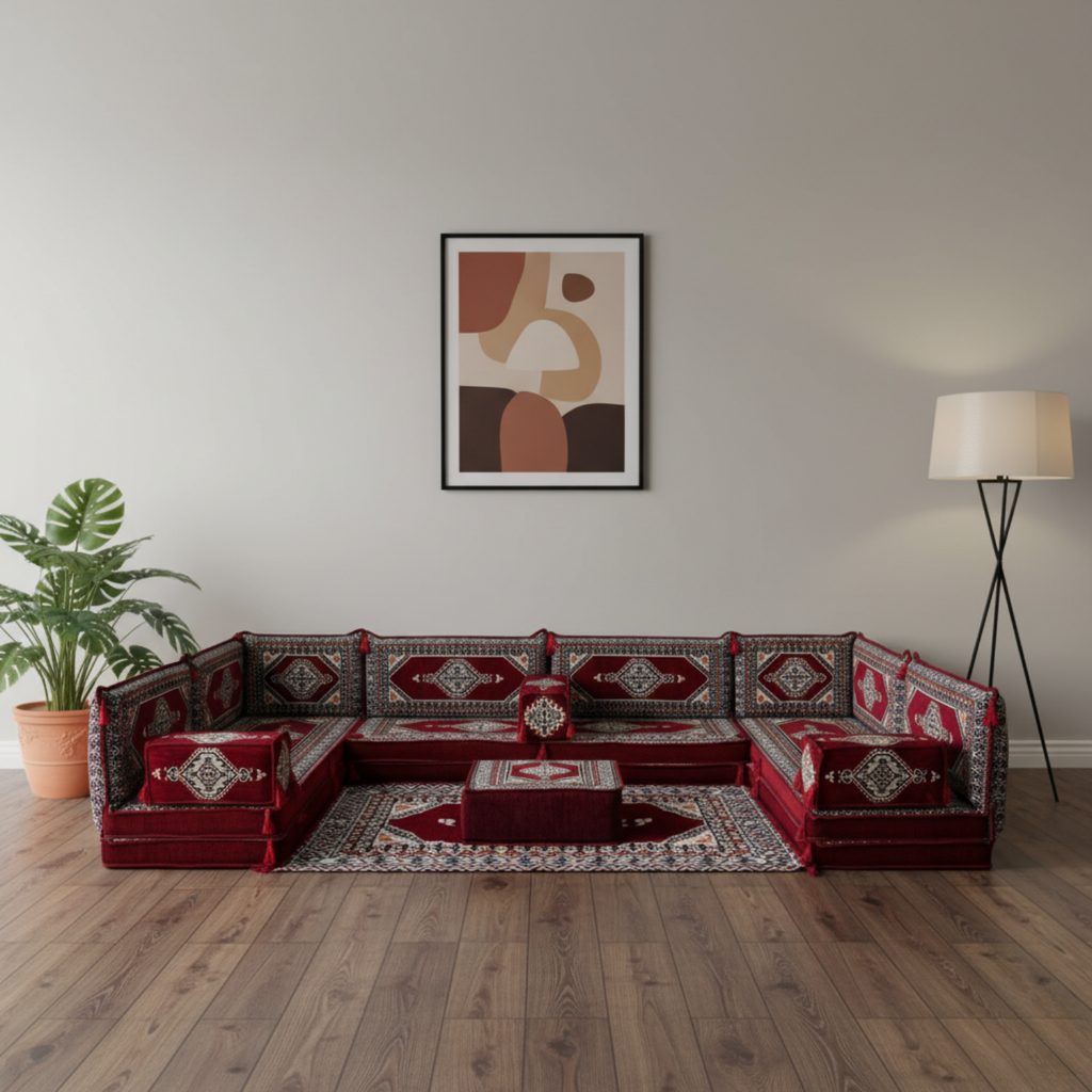 Arabic Floor Sofa Set – Maroon U Shaped Majlis Sectional with 8 Inch Cushions