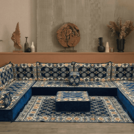 Arabic Floor Sofa Set – Navy U Shaped Majlis Sectional with 8 Inch Cushions