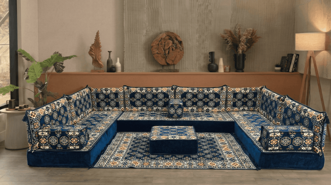 Arabic Floor Sofa Set – Navy U Shaped Majlis Sectional with 8 Inch Cushions