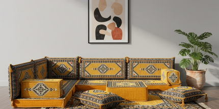Arabic Floor Sofa Set – Yellow L Shaped Majlis Sectional with 4 Inch Cushions