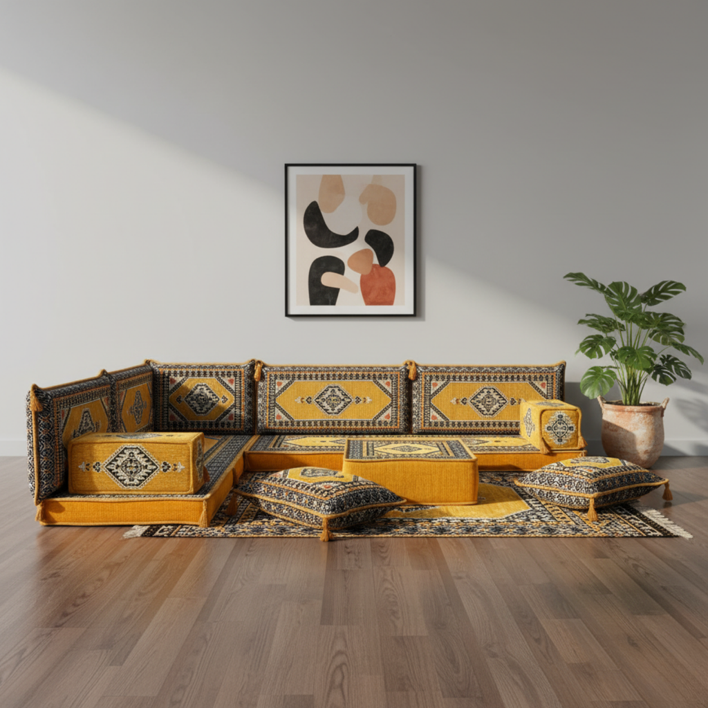 Arabic Floor Sofa Set – Yellow L Shaped Majlis Sectional with 4 Inch Cushions