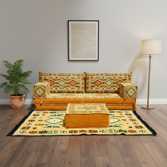 Arabic Loveseat Sofa Set – Yellow Loveseat Set with 4 and 8 Inch Cushion Options