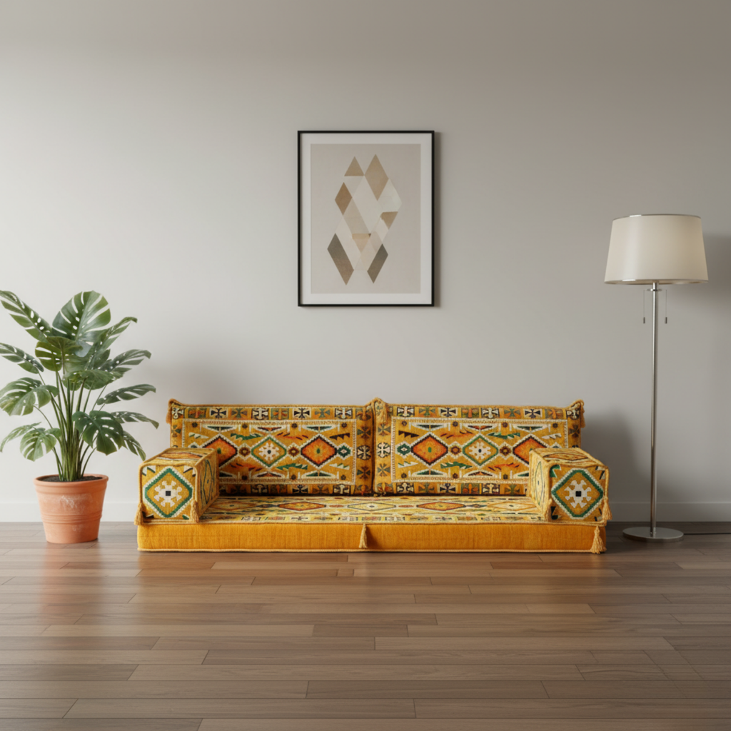 Arabic Loveseat Sofa Set – Yellow Loveseat Set with 4 and 8 Inch Cushion Options