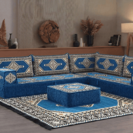 Arabic Floor Sofa Set – Blue L Shaped Majlis Sectional with 8 Inch Cushions
