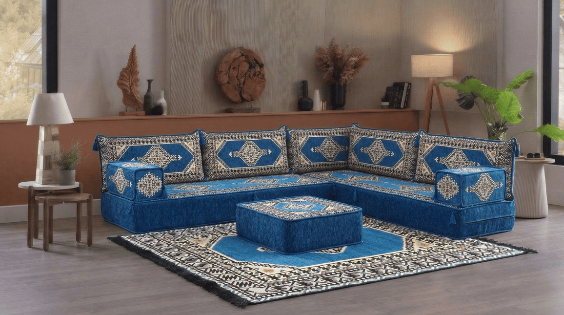 Arabic Floor Sofa Set – Blue L Shaped Majlis Sectional with 8 Inch Cushions