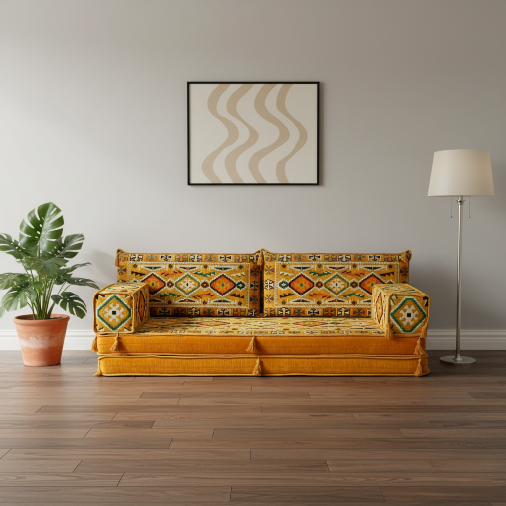 Arabic Loveseat Sofa Set – Yellow Loveseat Set with 4 and 8 Inch Cushion Options