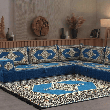 Arabic Floor Sofa Set – Blue L Shaped Majlis Sectional with 8 Inch Cushions