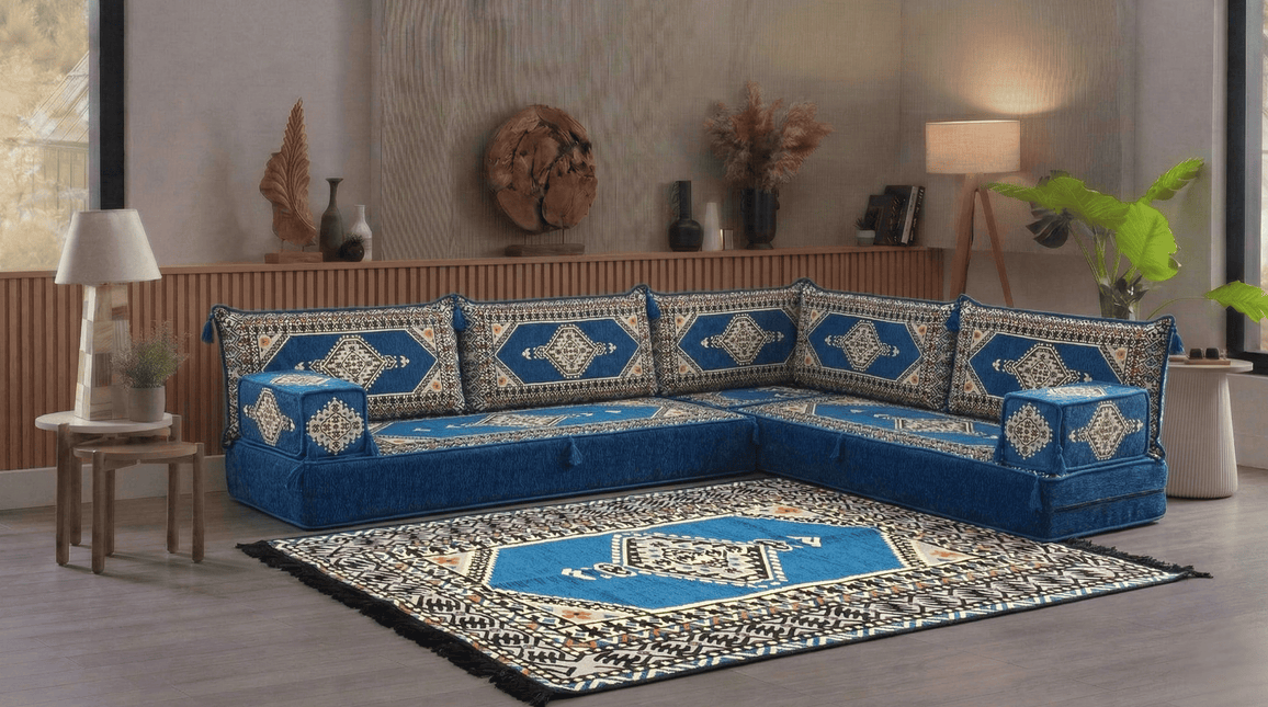 Arabic Floor Sofa Set – Blue L Shaped Majlis Sectional with 8 Inch Cushions