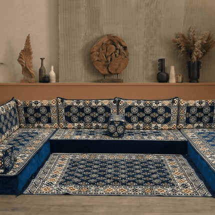 Arabic Floor Sofa Set – Navy U Shaped Majlis Sectional with 8 Inch Cushions