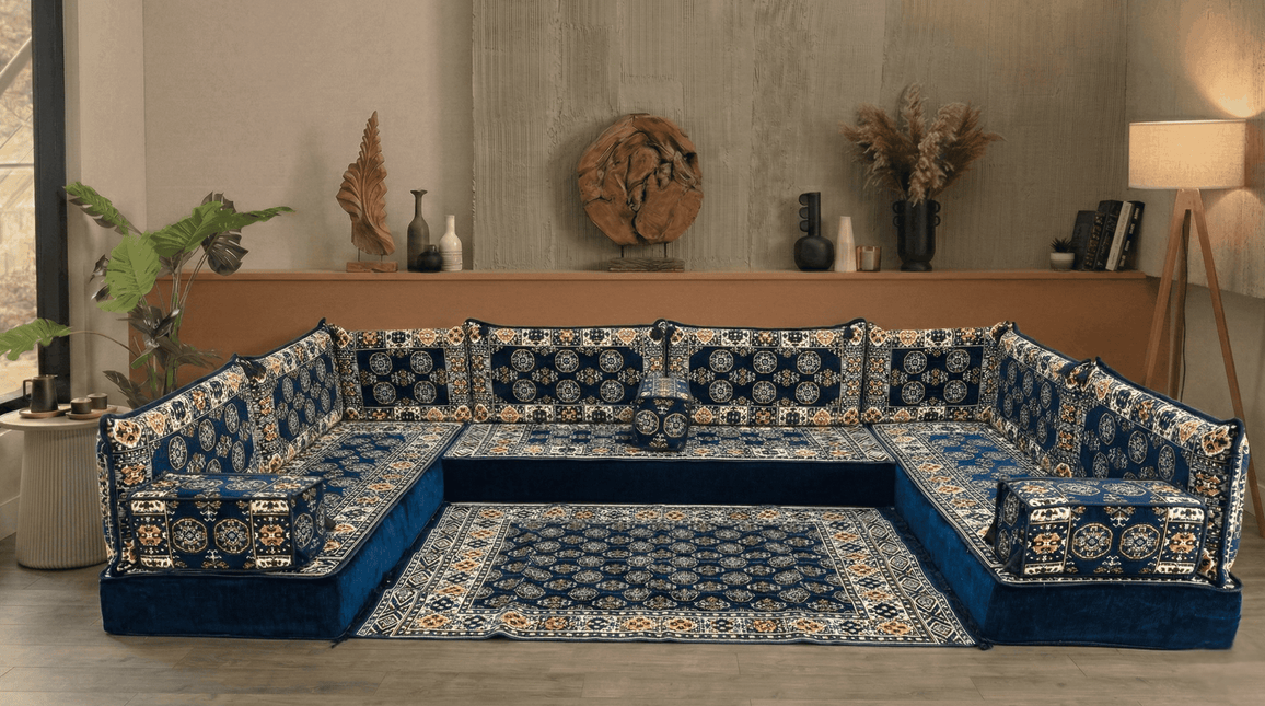 Arabic Floor Sofa Set – Navy U Shaped Majlis Sectional with 8 Inch Cushions