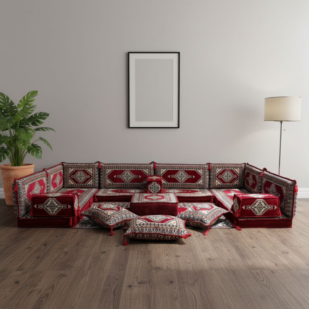 Arabic Floor Sofa Set – Maroon U Shaped Majlis Sectional with 4 Inch Cushions