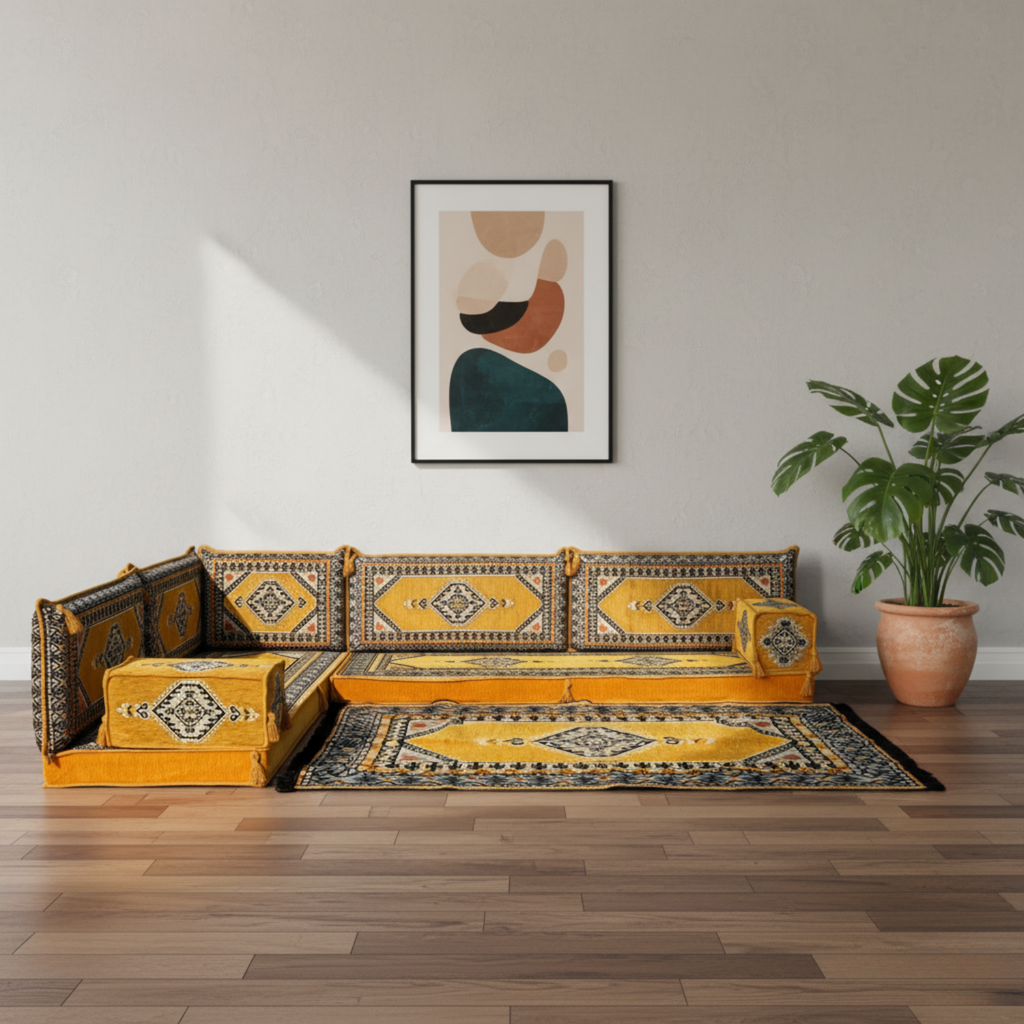 Arabic Floor Sofa Set – Yellow L Shaped Majlis Sectional with 4 Inch Cushions