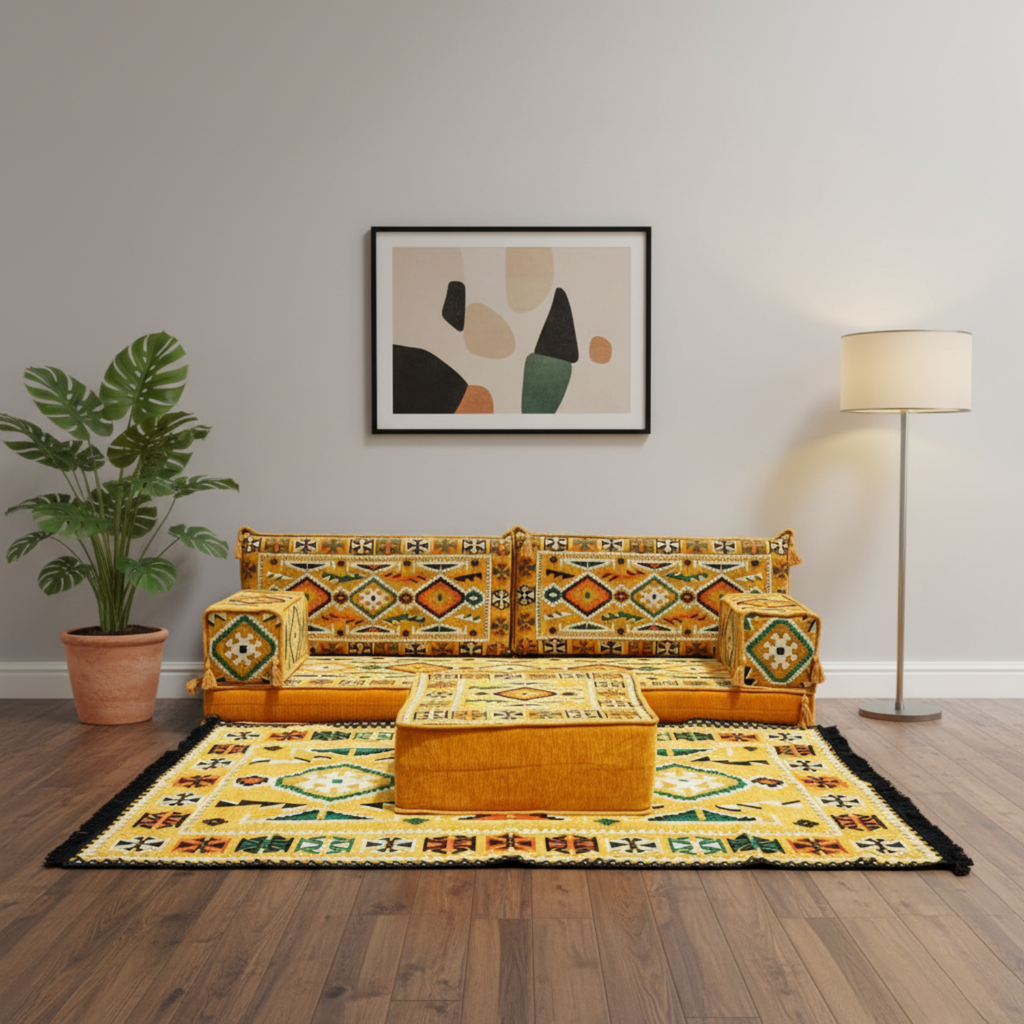 Arabic Loveseat Sofa Set – Yellow Loveseat Set with 4 and 8 Inch Cushion Options