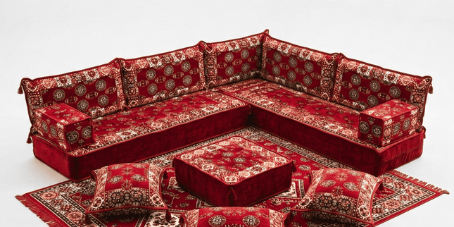 Arabic Floor Sofa Set – Maroon L Shaped Majlis Sectional with 8 Inch Cushions