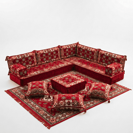 Arabic Floor Sofa Set – Maroon L Shaped Majlis Sectional with 8 Inch Cushions