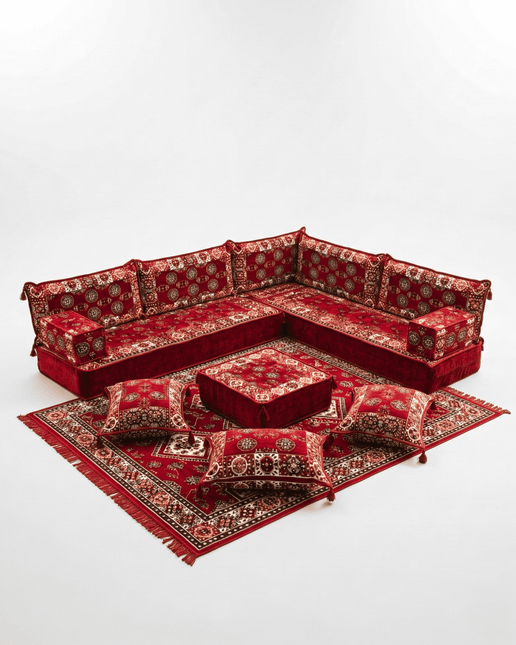 Arabic Floor Sofa Set – Maroon L Shaped Majlis Sectional with 8 Inch Cushions