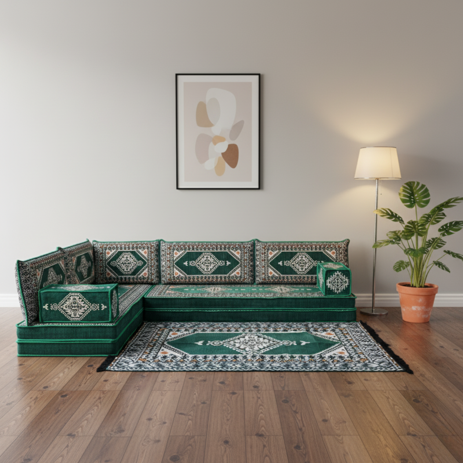 Arabic Floor Sofa Set – Green L Shaped Majlis Sectional with 8 Inch Cushions