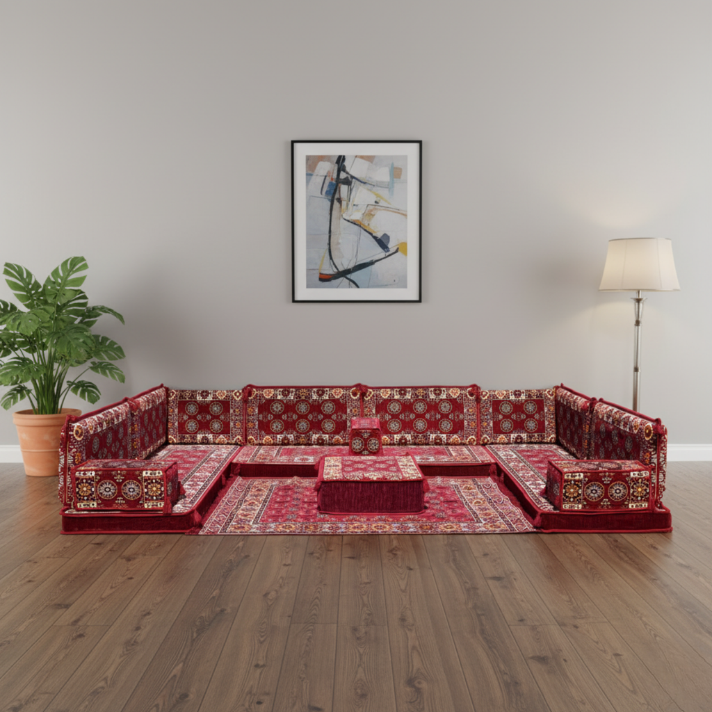 Arabic Floor Sofa Set – Maroon U Shaped Majlis Sectional with 4 Inch Cushions