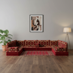 Arabic Floor Sofa Set – Maroon U Shaped Majlis Sectional with 8 Inch Cushions