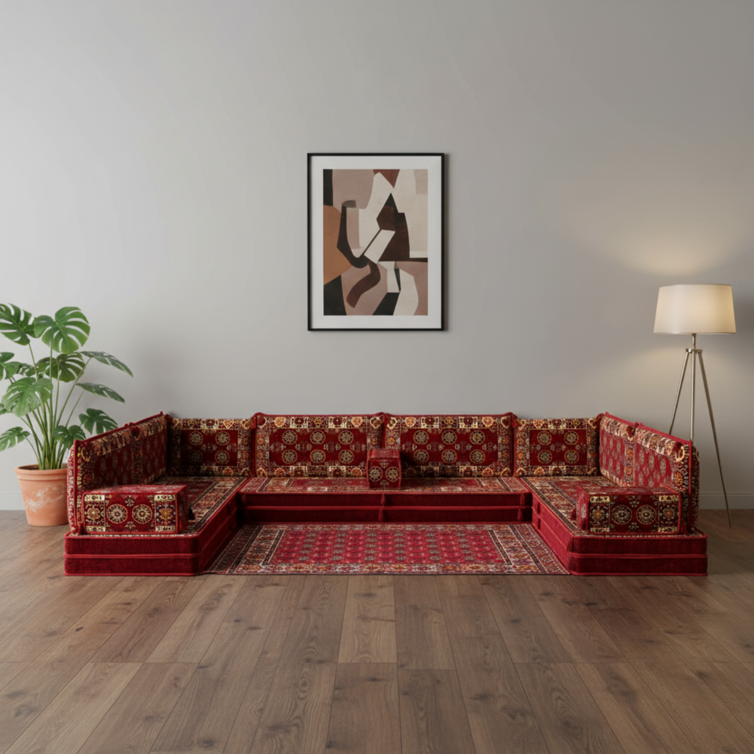 Arabic Floor Sofa Set – Maroon U Shaped Majlis Sectional with 8 Inch Cushions