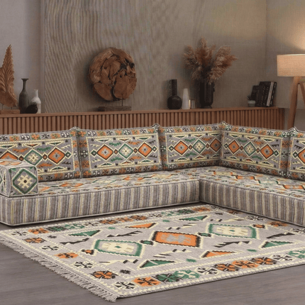 Arabic Floor Sofa Set – Gray L Shaped Majlis Sectional with 8 Inch Cushions