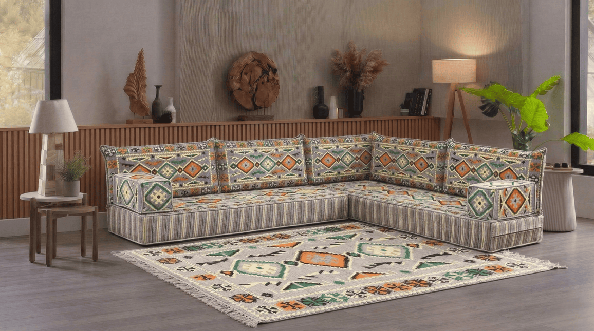 Arabic Floor Sofa Set – Gray L Shaped Majlis Sectional with 8 Inch Cushions