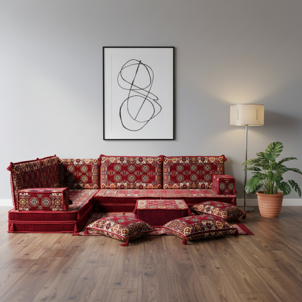 Arabic Floor Sofa Set – Maroon L Shaped Majlis Sectional with 8 Inch Cushions