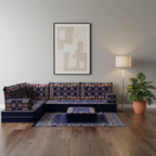 Arabic Floor Sofa Set – Navy L Shaped Majlis Sectional with 8 Inch Cushions
