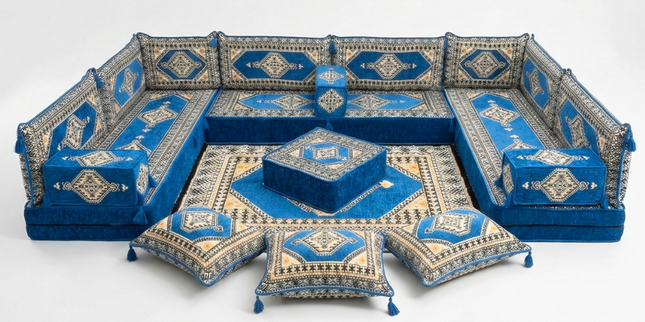 Arabic Floor Sofa Set – Blue U Shaped Majlis Sectional with 8 Inch Cushions