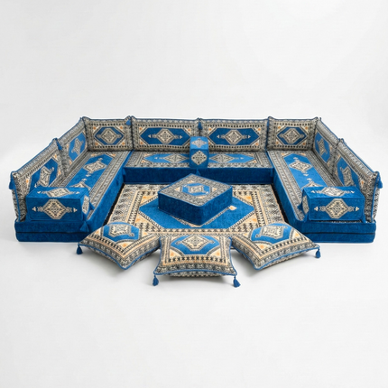 Arabic Floor Sofa Set – Blue U Shaped Majlis Sectional with 8 Inch Cushions