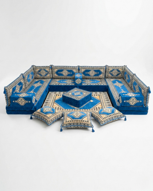 Arabic Floor Sofa Set – Blue U Shaped Majlis Sectional with 8 Inch Cushions