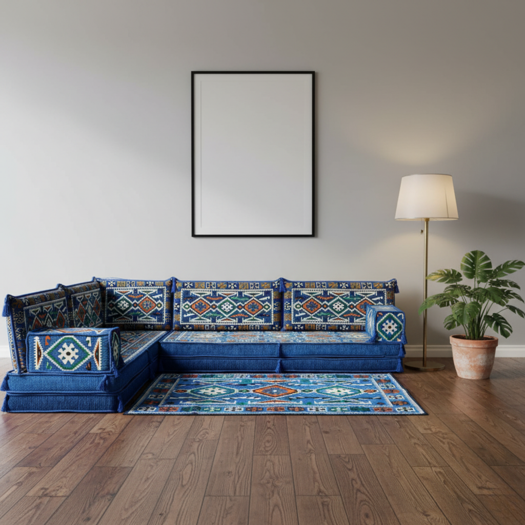 Arabic Floor Sofa Set – Blue L Shaped Majlis Sectional with 8 Inch Cushions