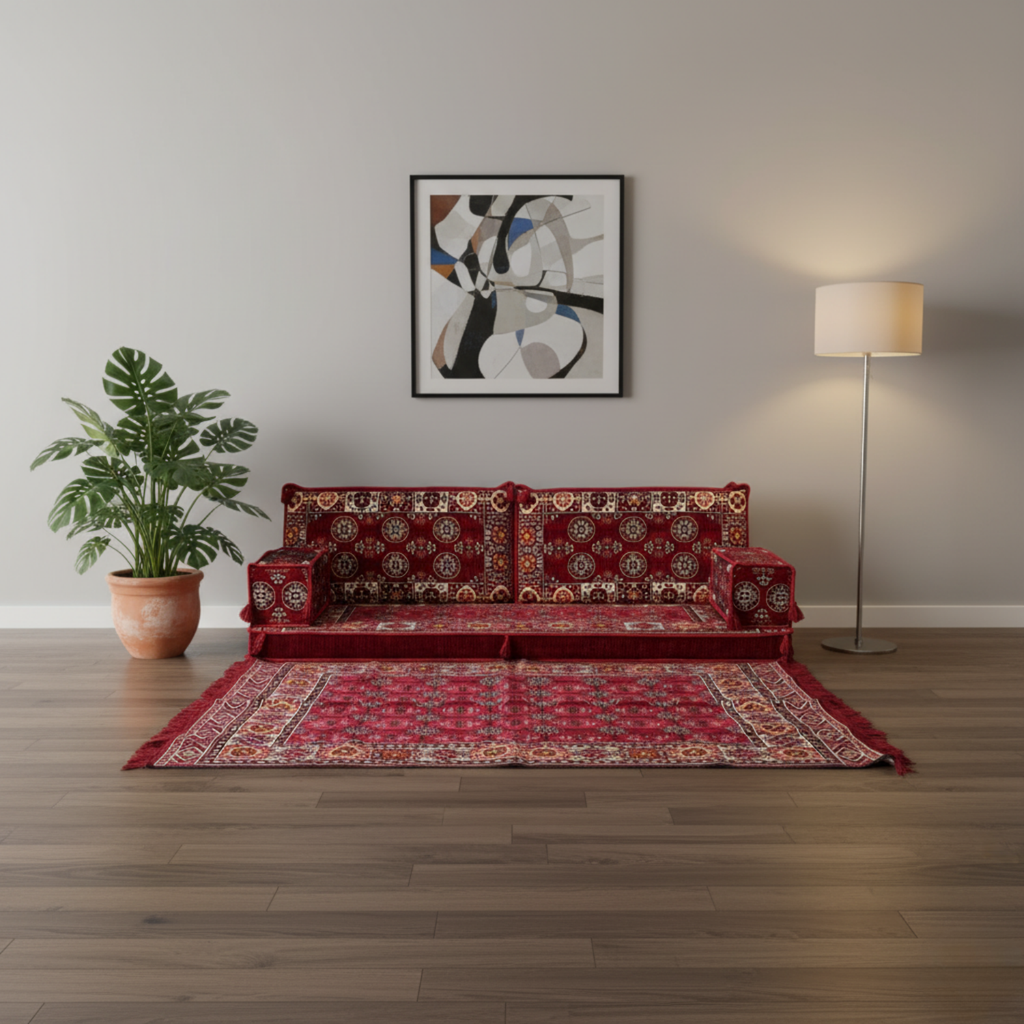 Arabic Loveseat Sofa Set – Maroon Loveseat Set with 4 and 8 Inch Cushion Options