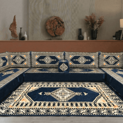 Arabic Floor Sofa Set – Dark Navy U Shaped Majlis Sectional with 8 Inch Cushions