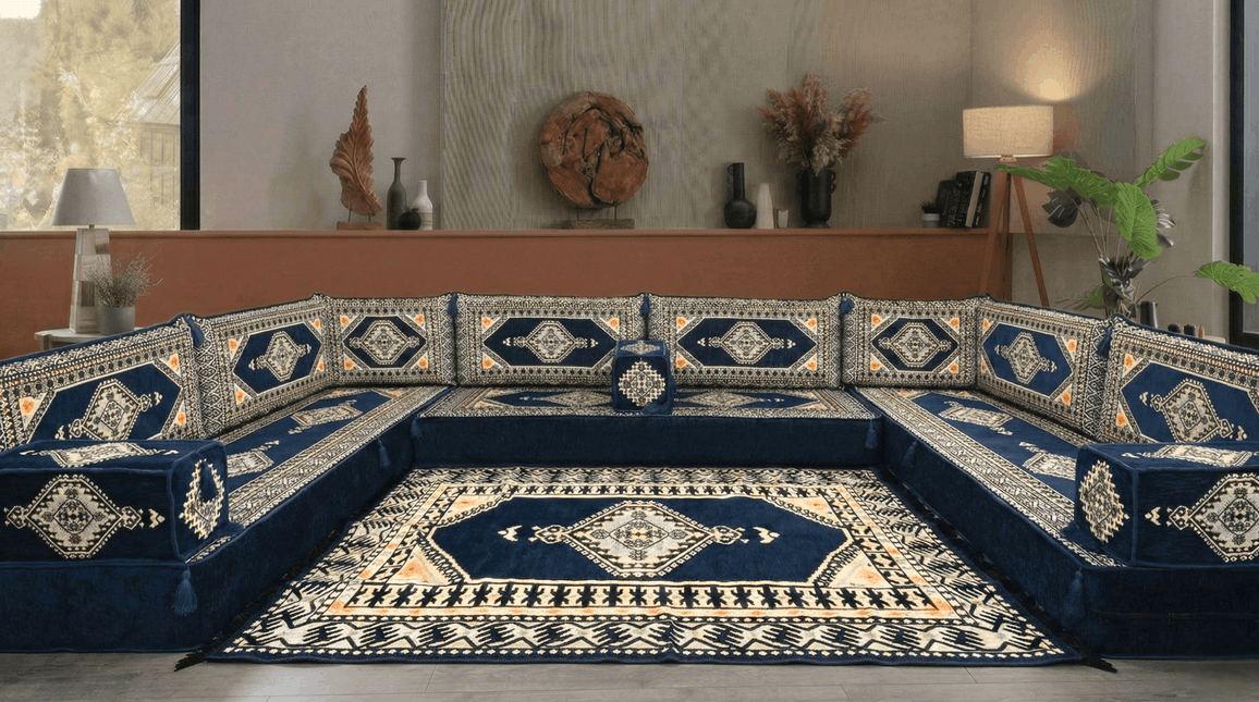 Arabic Floor Sofa Set – Dark Navy U Shaped Majlis Sectional with 8 Inch Cushions