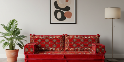 Arabic Loveseat Sofa – Red Loveseat with 4 and 8 Inch Cushion Options