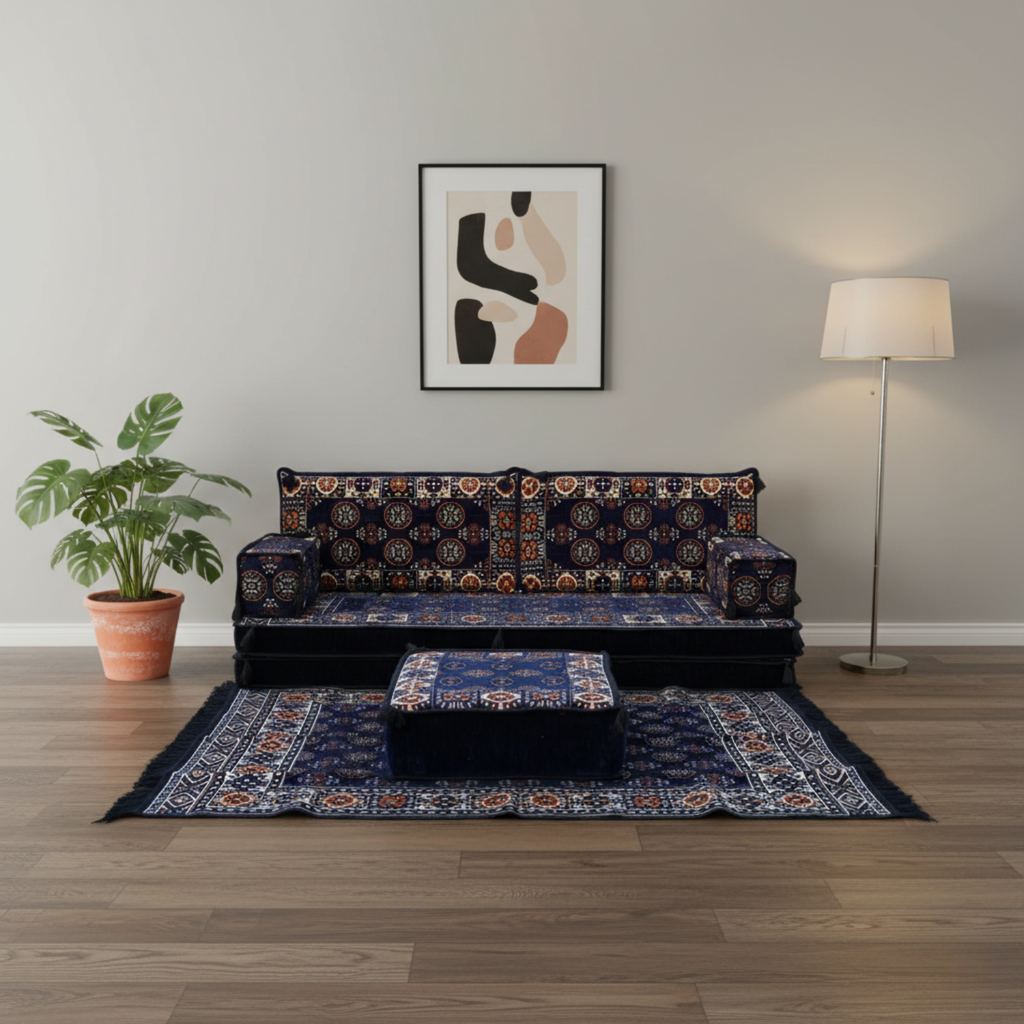 Arabic Loveseat Sofa Set – Navy Loveseat Set with 4 and 8 Inch Cushion Options