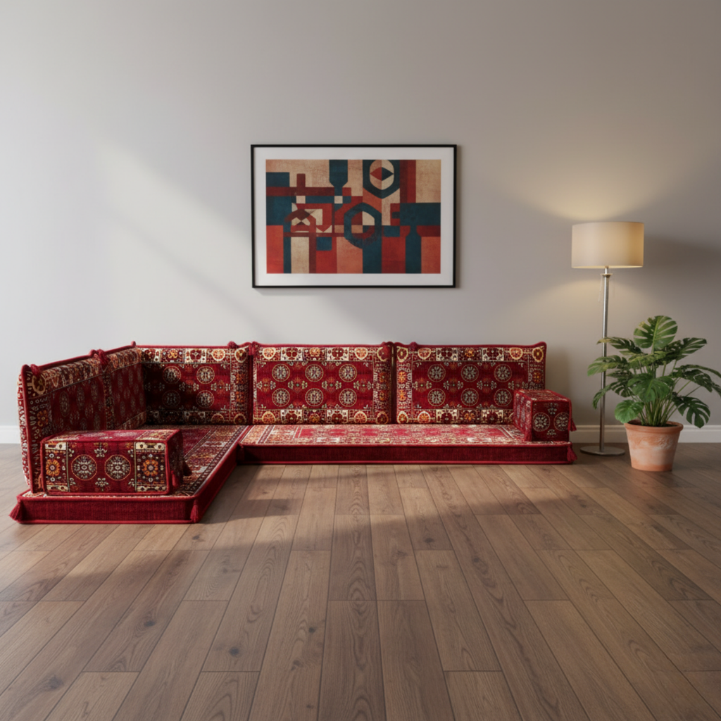 Arabic Floor Sofa Set – Maroon L Shaped Majlis Sectional with 4 Inch Cushions