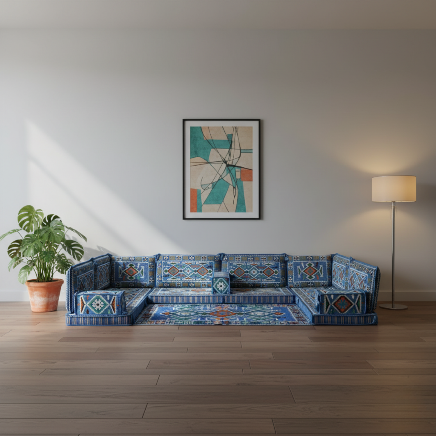 Arabic Floor Sofa Set – Navy Blue U Shaped Majlis Sectional with 4 Inch Cushions