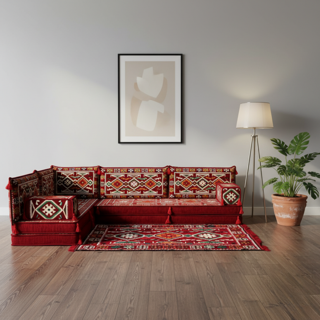 Arabic Floor Sofa Set – Maroon L Shaped Majlis Sectional with 8 Inch Cushions