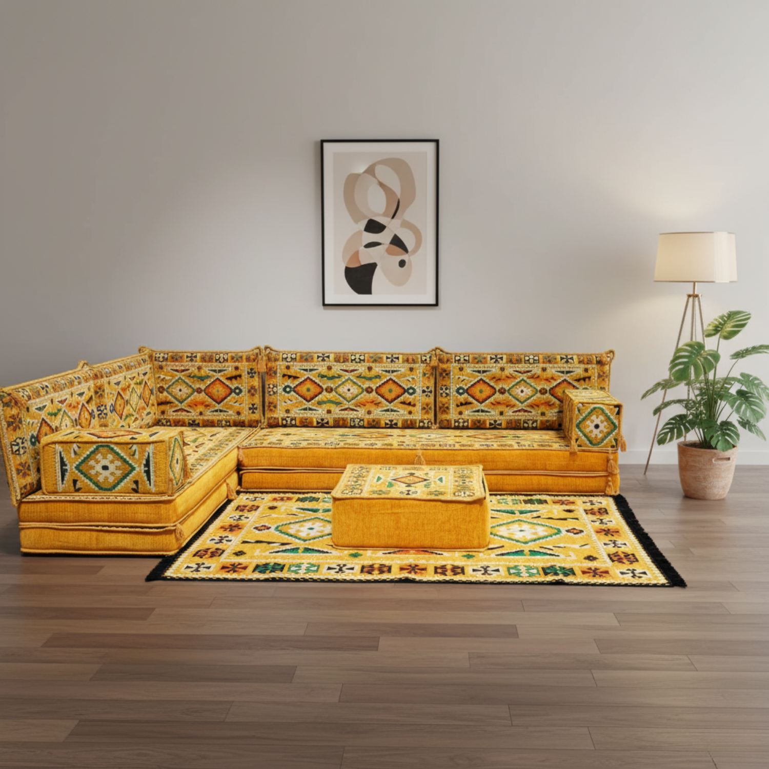 Arabic Floor Sofa Set – Yellow L Shaped Majlis Sectional with 8 Inch Cushions